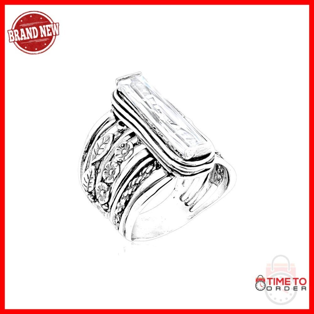 Sterling Silver Baguette CZ Floral Ring Vintage Boho Statement Jewelry